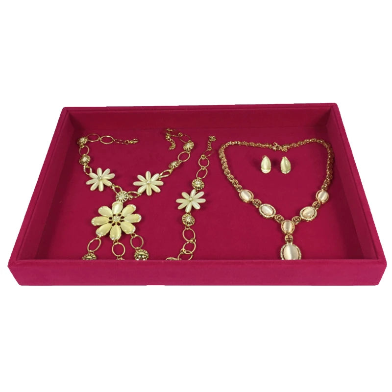Luxurious Rose Red Velvet Jewelry Display Tray Necklace Pendant Beads Storage Showcase Box Trinket Tray Ring Bracelet Orgnizer