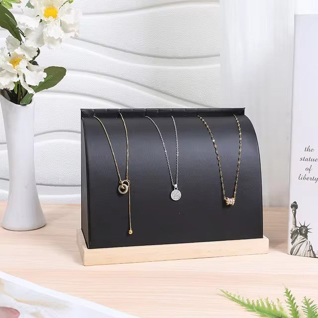 Solid Wood Base Necklace Display Stand Premium Velvet PU Leather Pendant Display Holder Jewelry Rack for Retail Home Showcase