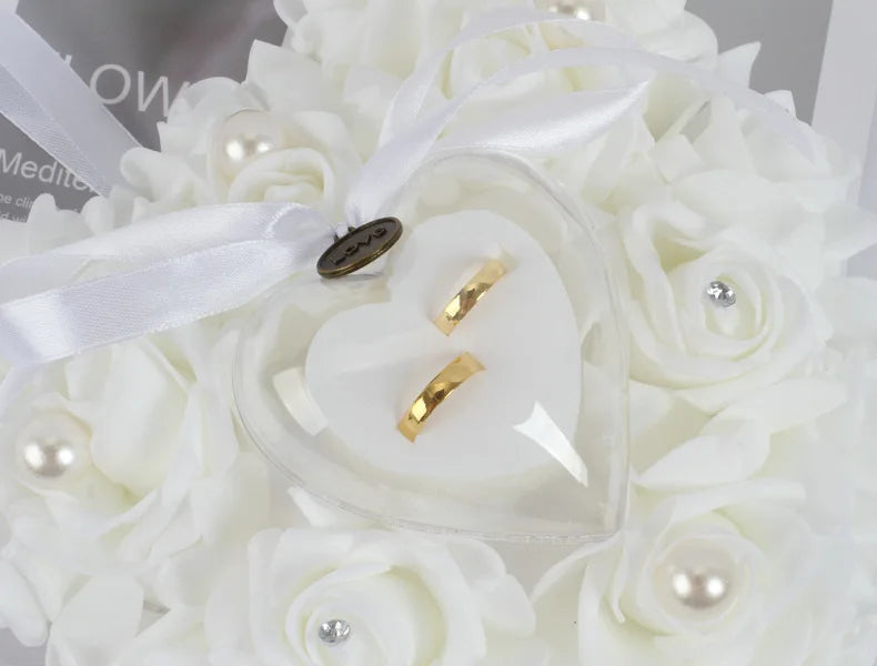 Weeding Couple Rings Holder Sweet Valentine Day Gift Heart Shape Ring Pillow Cushion Simulation Rose Flowers Jewelry Case
