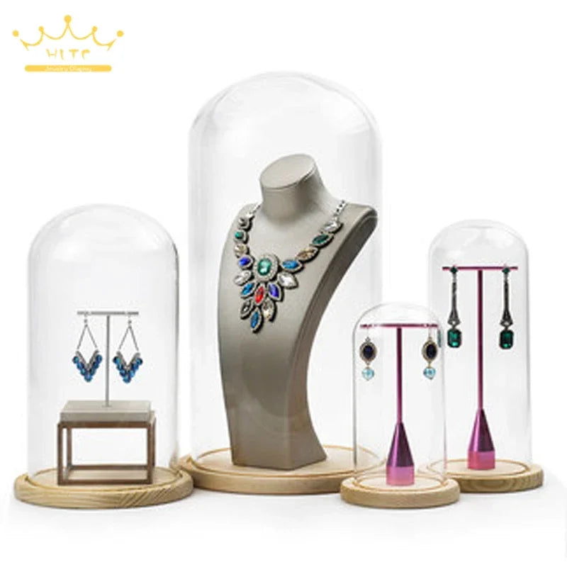 Jewelry Prop Window Display Rack Decoration Transparent Dust-proof plastic Cover Solid Wood Base Jewelry Shop Dedicated