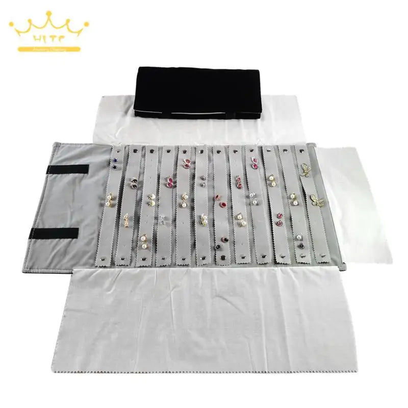 High-Capacity Earring Storage Roll Bag Black Velvet Jewelry Display Storage Bag 60 Pairs Stud Earrings Roll Organizer Cases