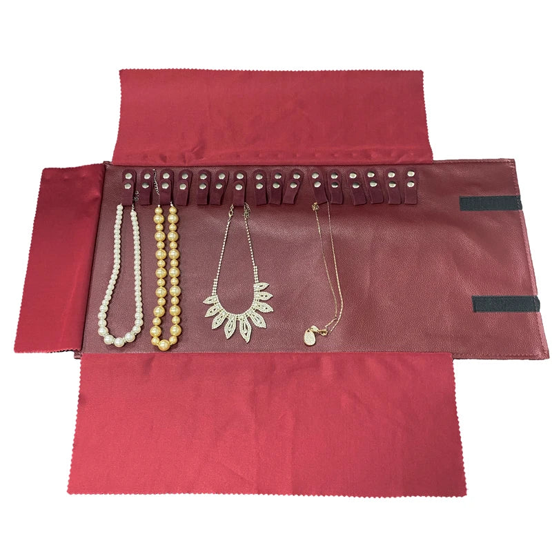 Wine Red Jewelry Organizer Pu Leather Roll Bag Necklace Bracelet Holder Travel Jewellery Bags Portable Jewelry Display Pouch