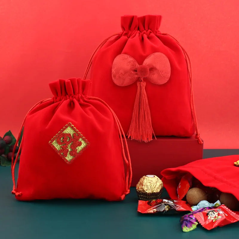 Red Velvet Jewelry Gift Bags High-Capacity Christmas Apple Packaging Bags Halloween Children's Chocolate Candy Organizer Pouch