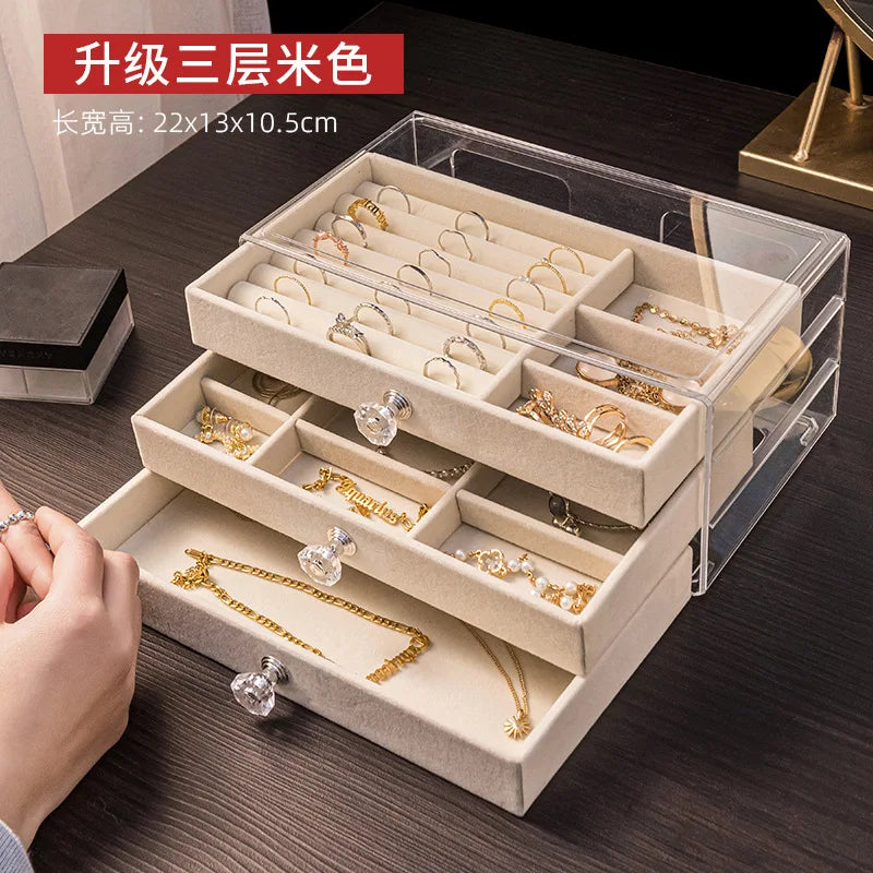 Dust-Proof Clear Acrylic Drawer Box 3 Layer Jewelry Earrings Ring Storage Case with Velvet Tray Bracelet Packaging Boxes