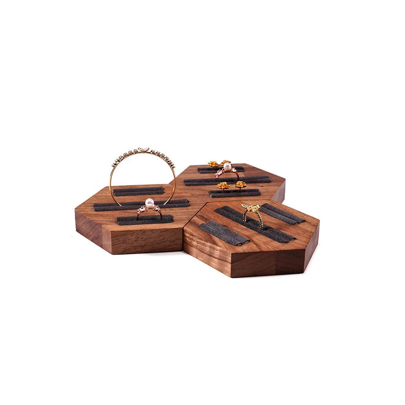 Walnut Hexagonal Ring Display Rack Jewelry Counter Earrings Display Tray Versatile Ring Bangle Organizer Jewelry Tray