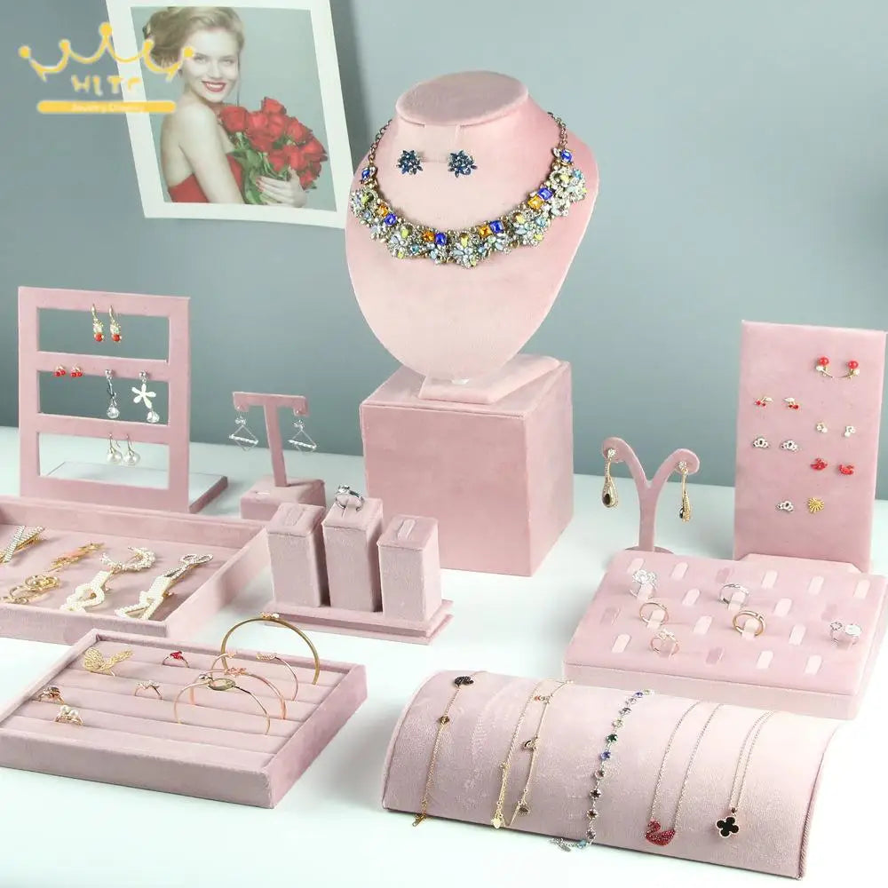 Jewelry Organizer Earring Necklace Display Stand Quality Pink Velvet Ring Tray Pendant Storage Plate Watch Bracelet Holder