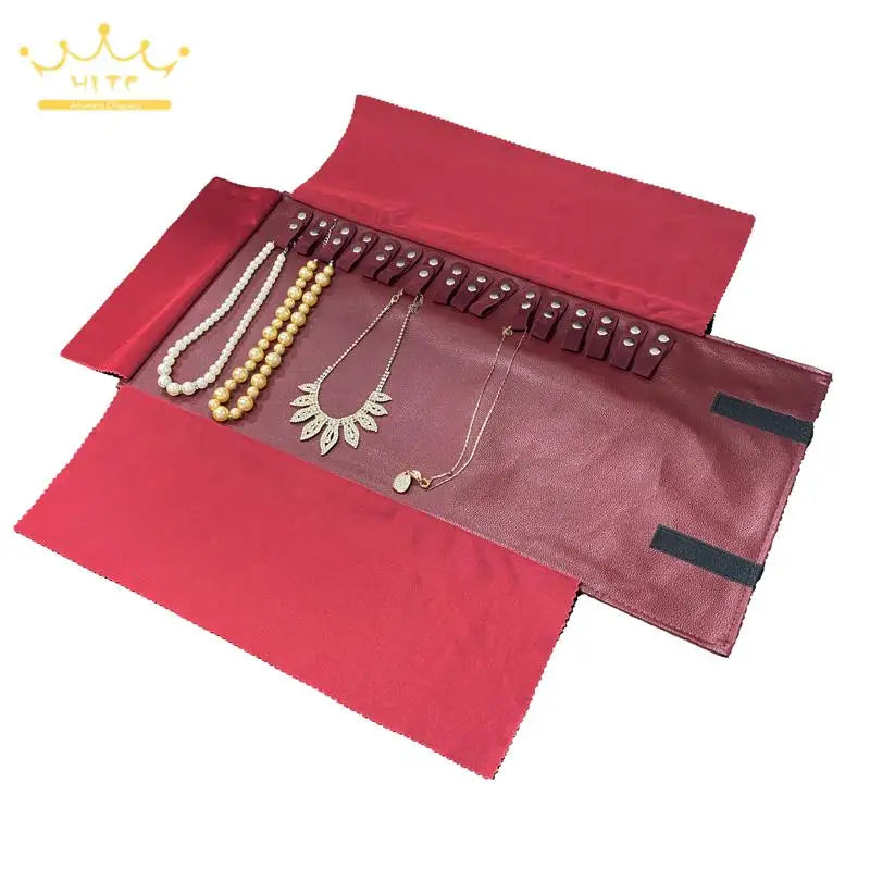 Wine Red Jewelry Organizer Pu Leather Roll Bag Necklace Bracelet Holder Travel Jewellery Bags Portable Jewelry Display Pouch