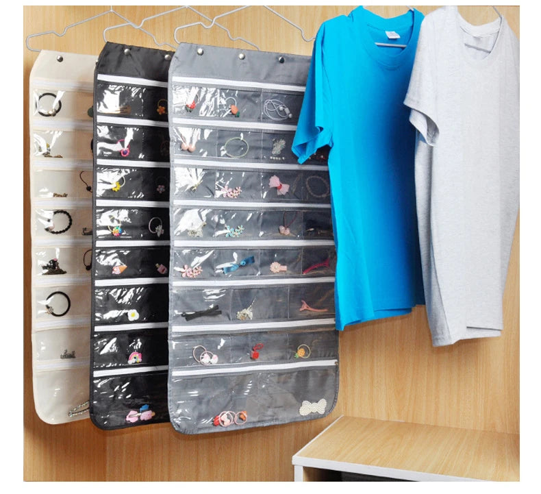 Hanging Double-Sided Zipper Jewelry Storage Bag Small Jewelry Storage Pouch Earring Necklace Hairpin Holder 56 Girds Hanging Bag
