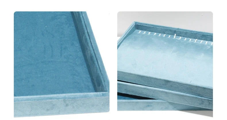 Light Blue Velvet Rings Bracelet Necklace Holder Earrings Pendant Storage Tray Jewelry Organizer Case 35*24Cm