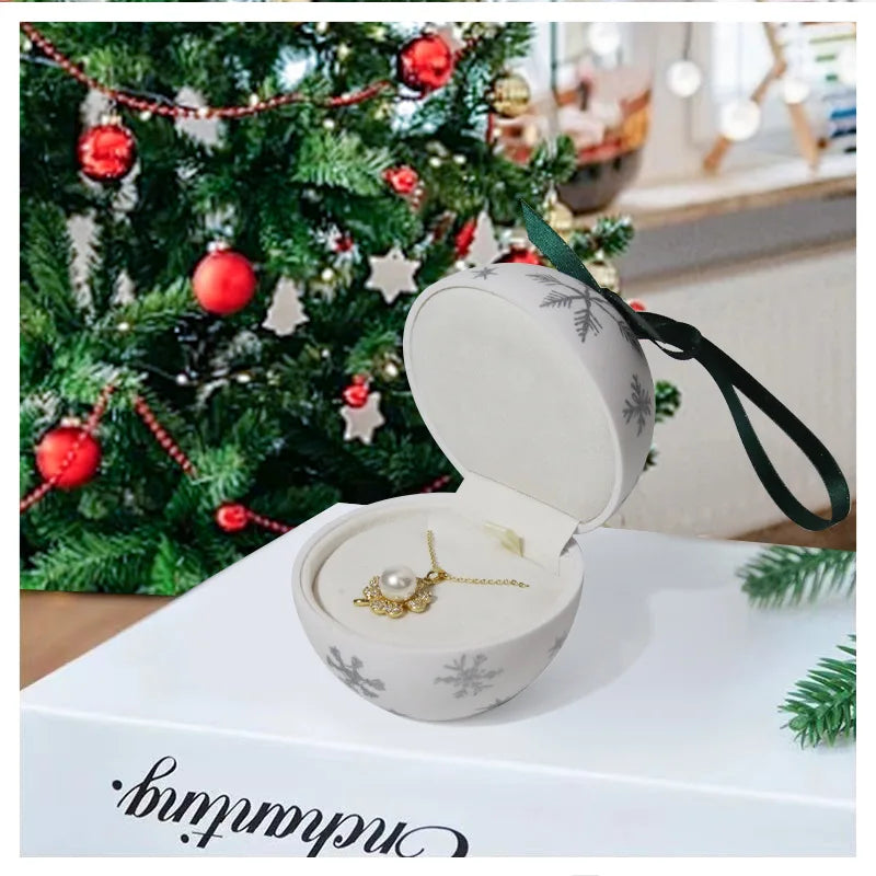 Christmas Ball Shaped Jewelry Box with Snowflake Pattern Surprise Gift Packaging Box Propose Ring Pendant Storage Hoder