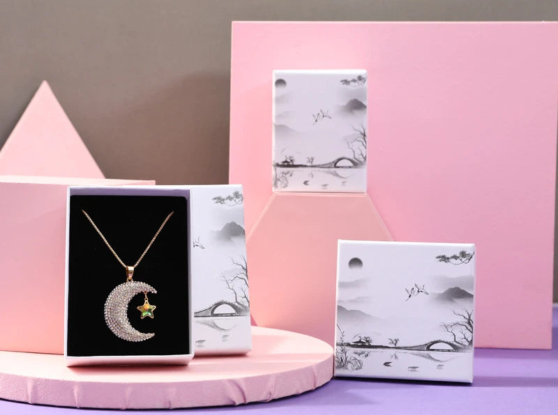 Retro Box for Cardboard Jewelry Earring Bracelet Holder Organizer Landscape Pattern Paper Box Ring Necklace Packaging Case 10Pcs