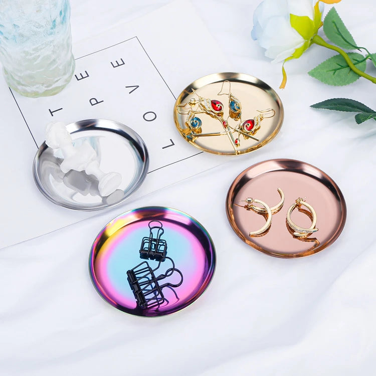 Stainless Steel Round Jewelry Display Tray Desktop Cosmetics Storage Tray Jewelry Photo Prop Tray