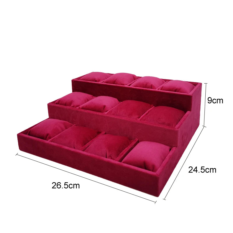 3-Layer Ladder Watch Display Tray with Pillows 12 Girds Bracelet Holder Pretty Rose Red Jewelry Trays Jade Bracelet Organizer