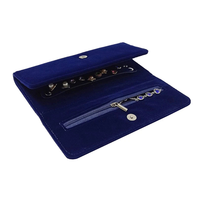 Dark Blue Velvet Jewelry Storage Roll Bag Ring Earring Holder for Jewelry Exhibitors Luxury Clutch Pouch with Snap Button