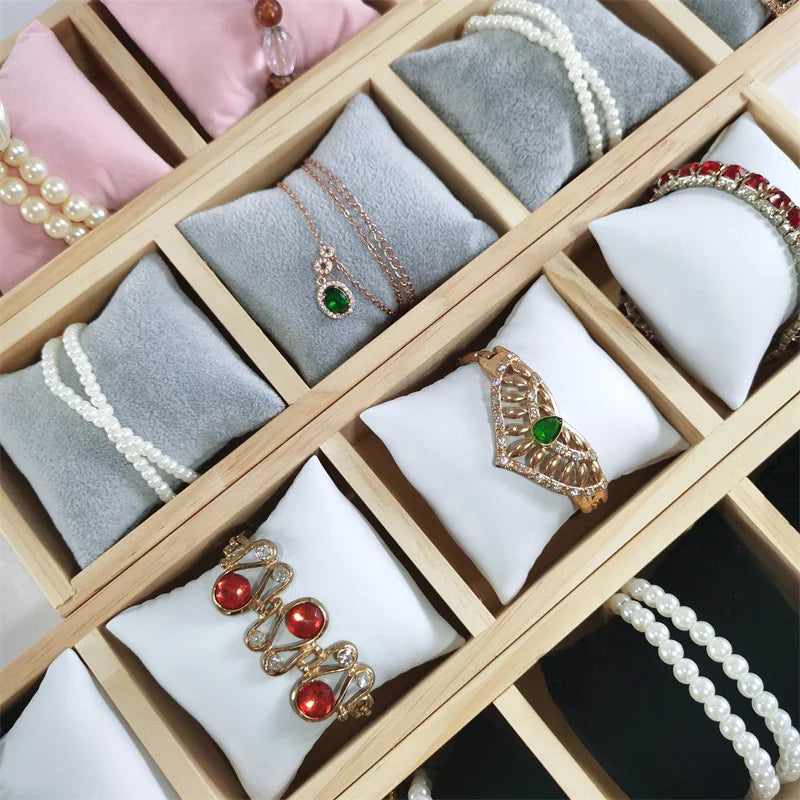4-Grid Watch Bracelet Display Tray with Small Pillows Wooden Jewelry Storage Trays Organizer Watch Bangle Holder