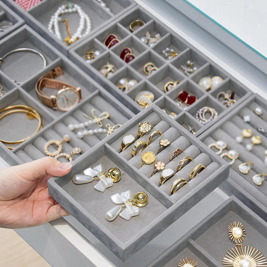 Flocking Jewelry Display Tray Ring Earrings Necklace Pendant Bracelet Brooch Watch Hair Card Home Storage Tray