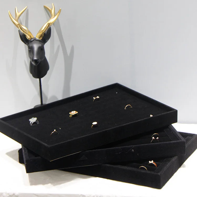 Black Velvet Ring Necklace Display Tray Earring Jade Pendant Storage Plate Large Size Rings Jewelry Organizer Box 35*24Cm