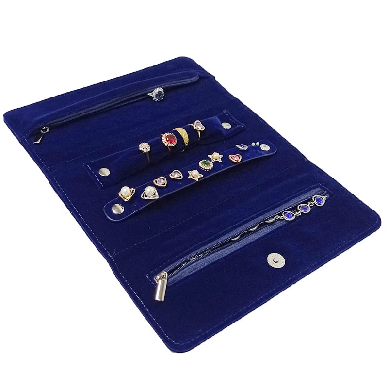 Dark Blue Velvet Jewelry Storage Roll Bag Ring Earring Holder for Jewelry Exhibitors Luxury Clutch Pouch with Snap Button