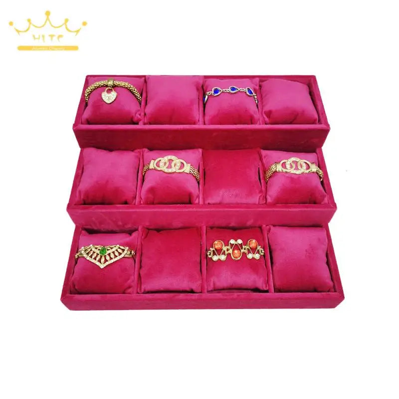 3-Layer Ladder Watch Display Tray with Pillows 12 Girds Bracelet Holder Pretty Rose Red Jewelry Trays Jade Bracelet Organizer