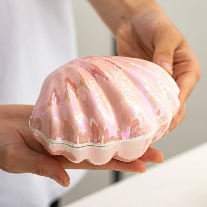 Pink Ceramic Shell Shaped Jewelry Storage Box Pearl Glaze Earring Necklace Holder Ladies' Dressing Table Hairpin Lipstick Box