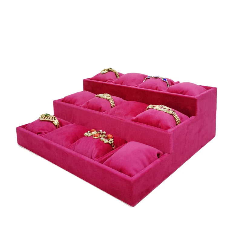3-Layer Ladder Watch Display Tray with Pillows 12 Girds Bracelet Holder Pretty Rose Red Jewelry Trays Jade Bracelet Organizer