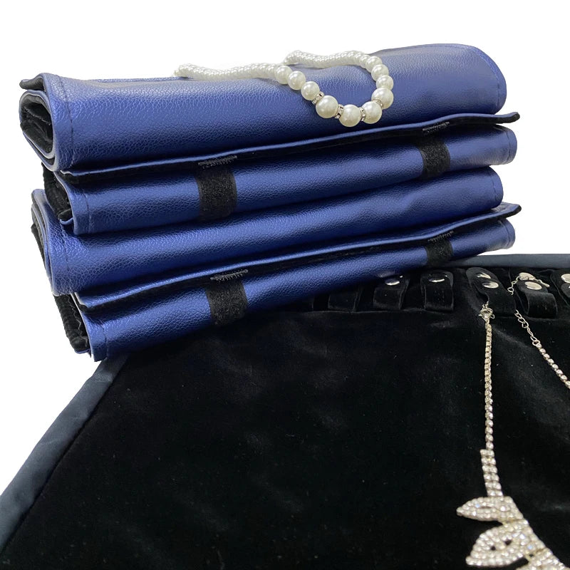 Navy Blue Leather Jewelry Roll Bag Portable Carring Case Organizer Multi Functional Necklace Pendant Storage Box