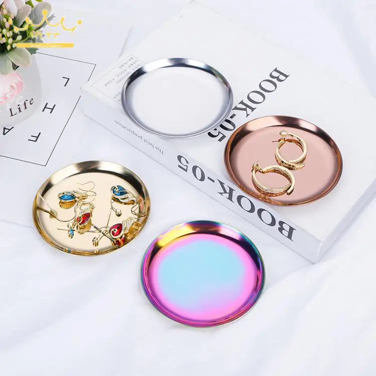 Stainless Steel Round Jewelry Display Tray Desktop Cosmetics Storage Tray Jewelry Photo Prop Tray