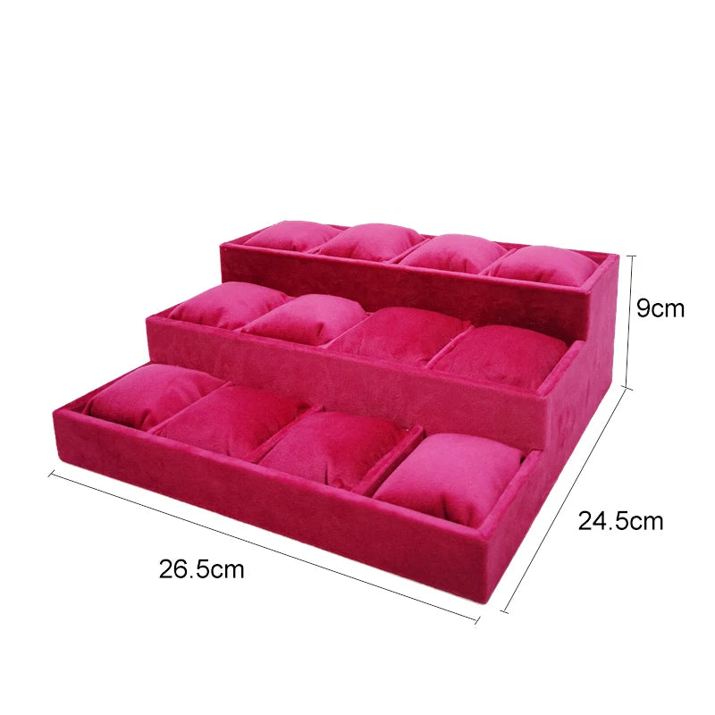 3-Layer Ladder Watch Display Tray with Pillows 12 Girds Bracelet Holder Pretty Rose Red Jewelry Trays Jade Bracelet Organizer