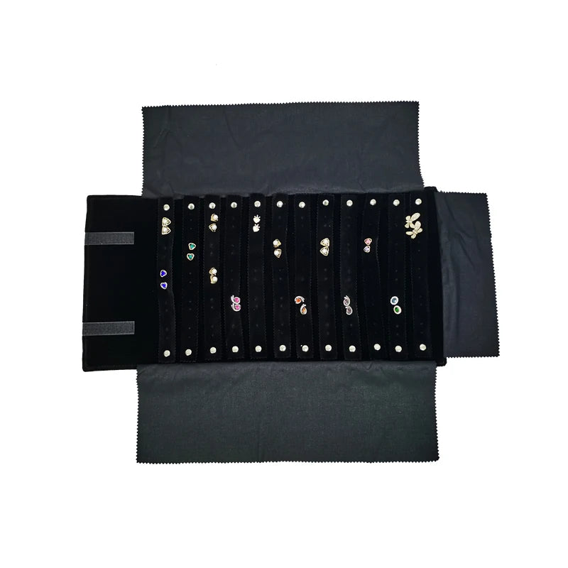 High-Capacity Earring Storage Roll Bag Black Velvet Jewelry Display Storage Bag 60 Pairs Stud Earrings Roll Organizer Cases