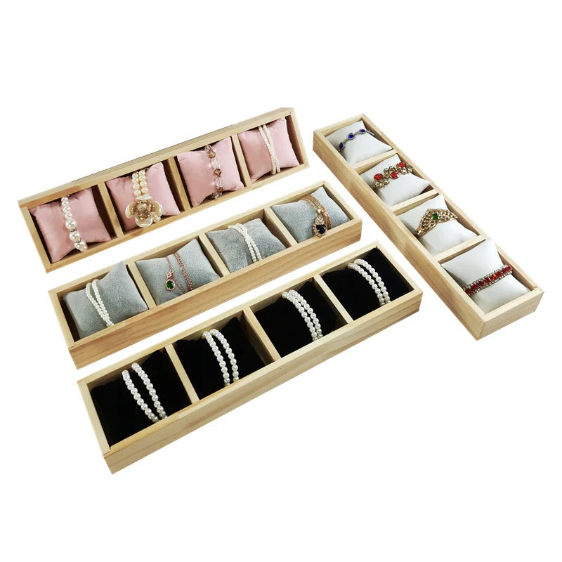 4-Grid Watch Bracelet Display Tray with Small Pillows Wooden Jewelry Storage Trays Organizer Watch Bangle Holder