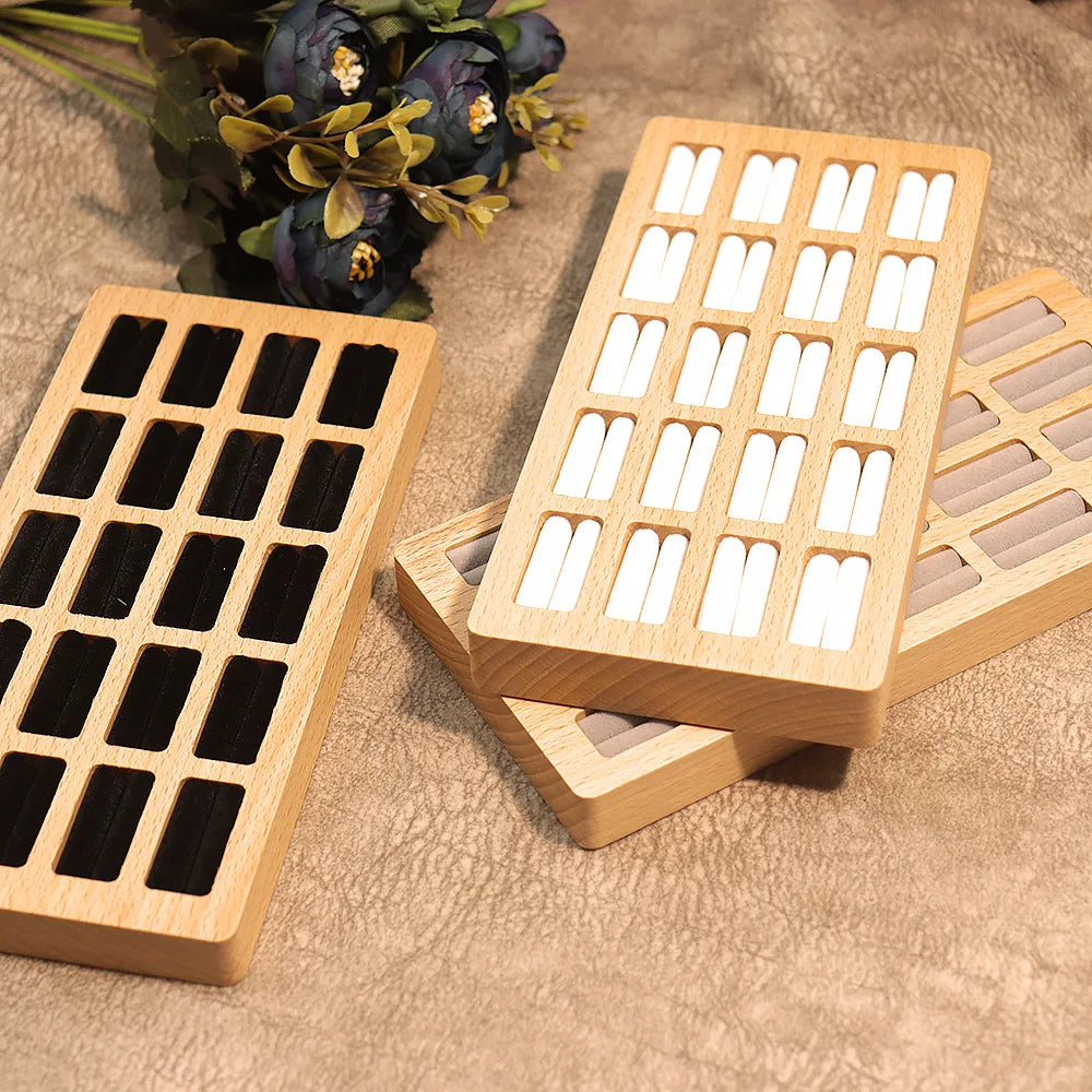 High-Capacity 20/30/42 Slots Ring Display Tray Wood Ring Ear Studs Storage Packaging Case Jewelry Exhibitors Dipslay Props