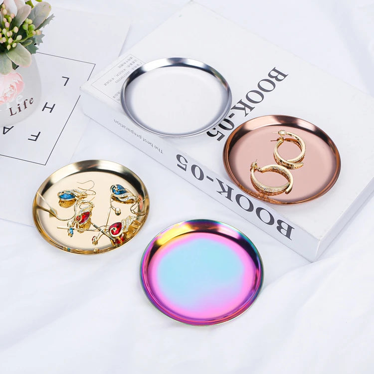 Stainless Steel Round Jewelry Display Tray Desktop Cosmetics Storage Tray Jewelry Photo Prop Tray