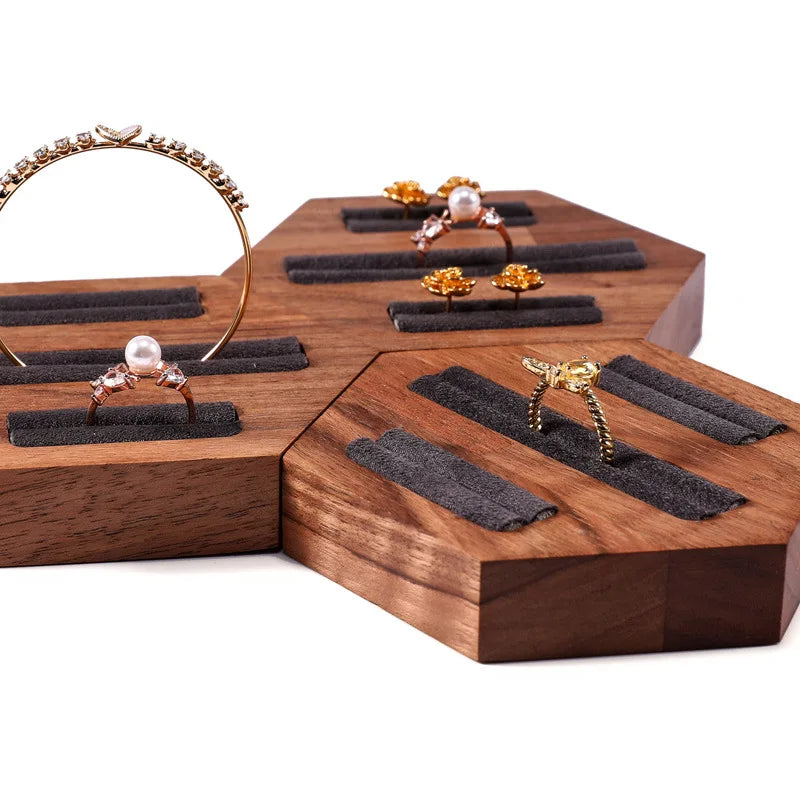 Walnut Hexagonal Ring Display Rack Jewelry Counter Earrings Display Tray Versatile Ring Bangle Organizer Jewelry Tray