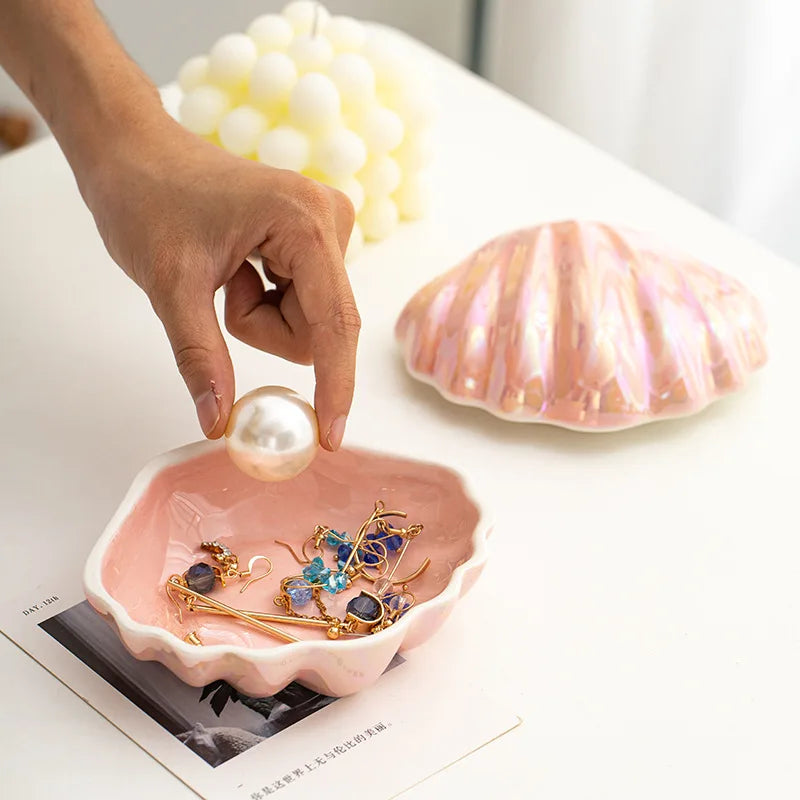 Pink Ceramic Shell Shaped Jewelry Storage Box Pearl Glaze Earring Necklace Holder Ladies' Dressing Table Hairpin Lipstick Box