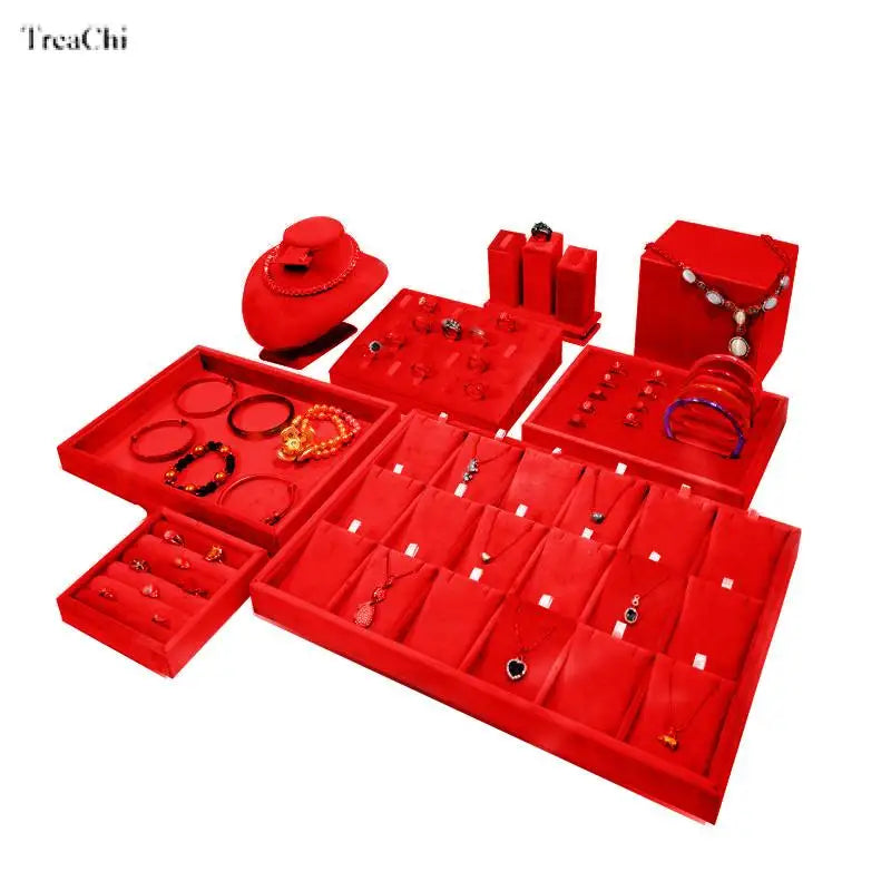 Red Velvet Gold Jewelry Organizer Earring Necklace Display Stand Quality Ring Tray Pendant Storage Plate Watch Bracelet Holder