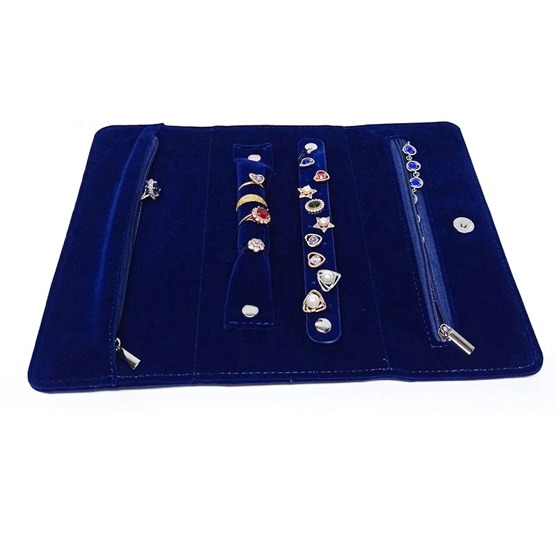 Dark Blue Velvet Jewelry Storage Roll Bag Ring Earring Holder for Jewelry Exhibitors Luxury Clutch Pouch with Snap Button