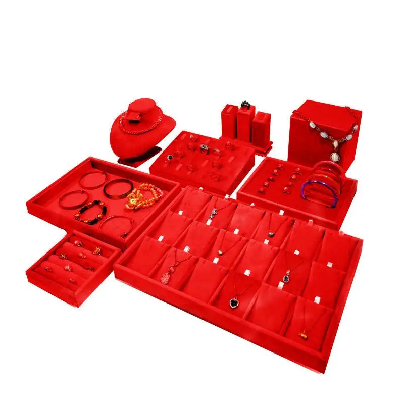 Red Velvet Gold Jewelry Organizer Earring Necklace Display Stand Quality Ring Tray Pendant Storage Plate Watch Bracelet Holder