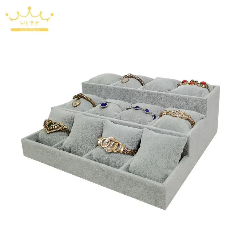 3-Layer Ladder Watch Display Tray with Pillows 12 Girds Bracelet Holder Pretty Rose Red Jewelry Trays Jade Bracelet Organizer