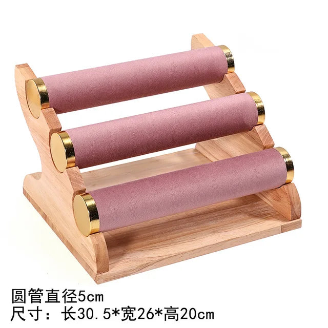 Solid Wood Pink Velvet Jewelry Exhibitor Stand Ring Earrings Storage Stand Bracelet Watch Display Stand
