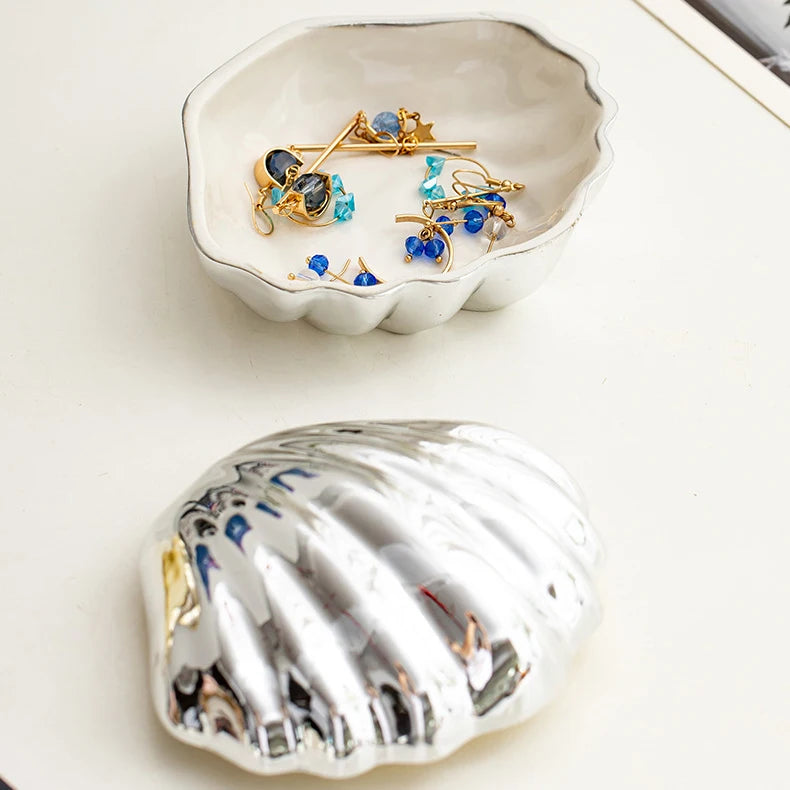 Pink Ceramic Shell Shaped Jewelry Storage Box Pearl Glaze Earring Necklace Holder Ladies' Dressing Table Hairpin Lipstick Box