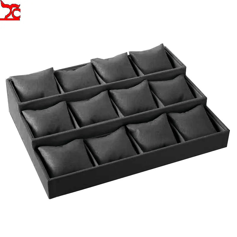 High Grade Pu White Display Plate Watch Bracelet Ring Gray Velvet Tray Black Watch Display Frame Organizer Earring Storage