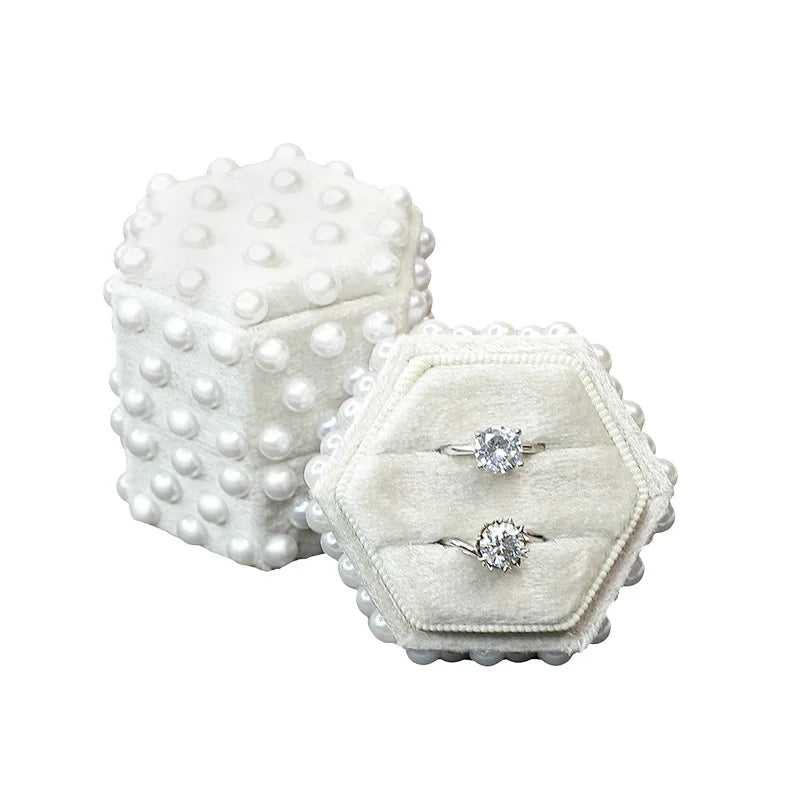 High End Velvet Jewelry Box with Pearl Hexagonal Ring Box Jewelry Packaging Propose Wedding Double Ring Box