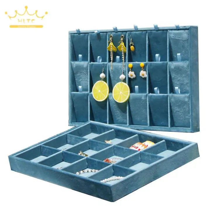 Light Blue Velvet Rings Bracelet Necklace Holder Earrings Pendant Storage Tray Jewelry Organizer Case 35*24Cm