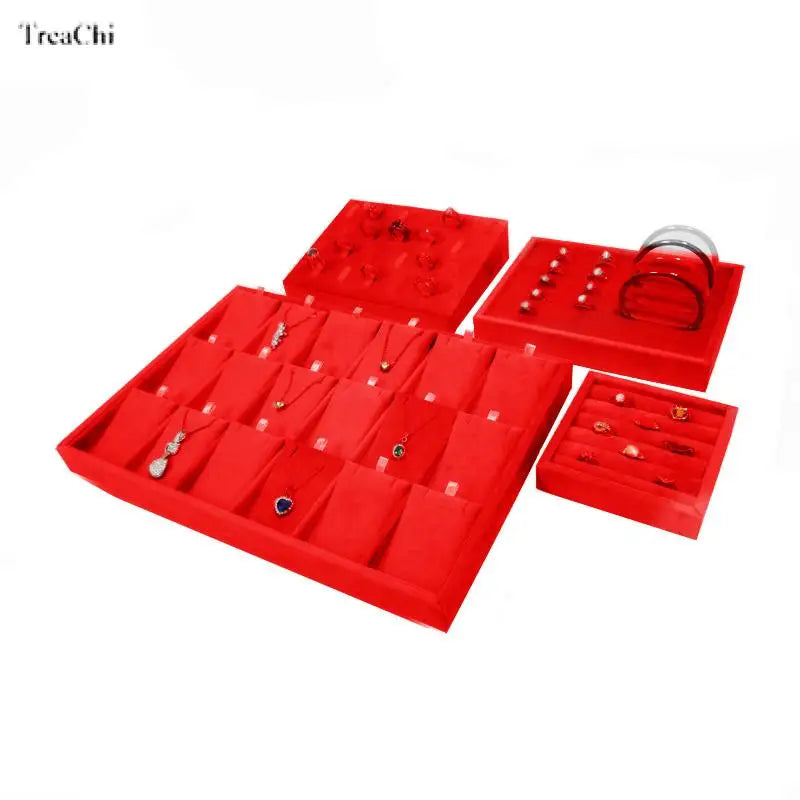 Red Velvet Gold Jewelry Organizer Earring Necklace Display Stand Quality Ring Tray Pendant Storage Plate Watch Bracelet Holder