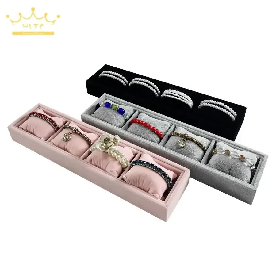 4 Grids Watch Bracelet Organizer Tray with Mini Pillows Jewelry Storage Plate Chain Watch Display Holder Tray Decorative