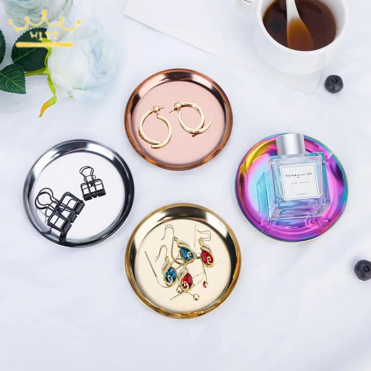 Stainless Steel Round Jewelry Display Tray Desktop Cosmetics Storage Tray Jewelry Photo Prop Tray