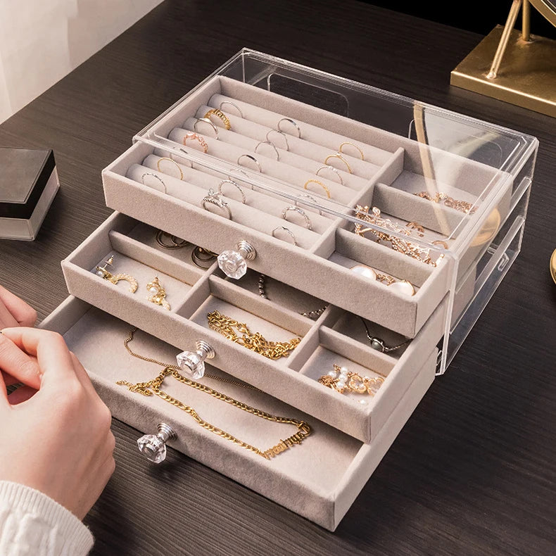 Dust-Proof Clear Acrylic Drawer Box 3 Layer Jewelry Earrings Ring Storage Case with Velvet Tray Bracelet Packaging Boxes