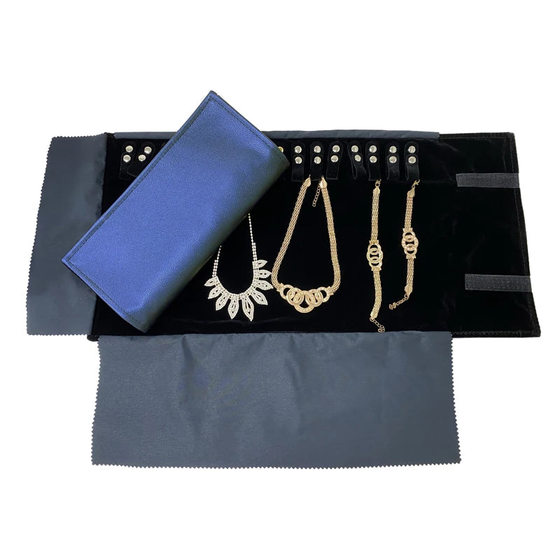 Navy Blue Leather Jewelry Roll Bag Portable Carring Case Organizer Multi Functional Necklace Pendant Storage Box