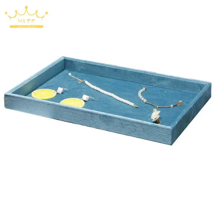 Light Blue Velvet Rings Bracelet Necklace Holder Earrings Pendant Storage Tray Jewelry Organizer Case 35*24Cm