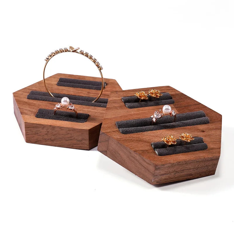 Walnut Hexagonal Ring Display Rack Jewelry Counter Earrings Display Tray Versatile Ring Bangle Organizer Jewelry Tray